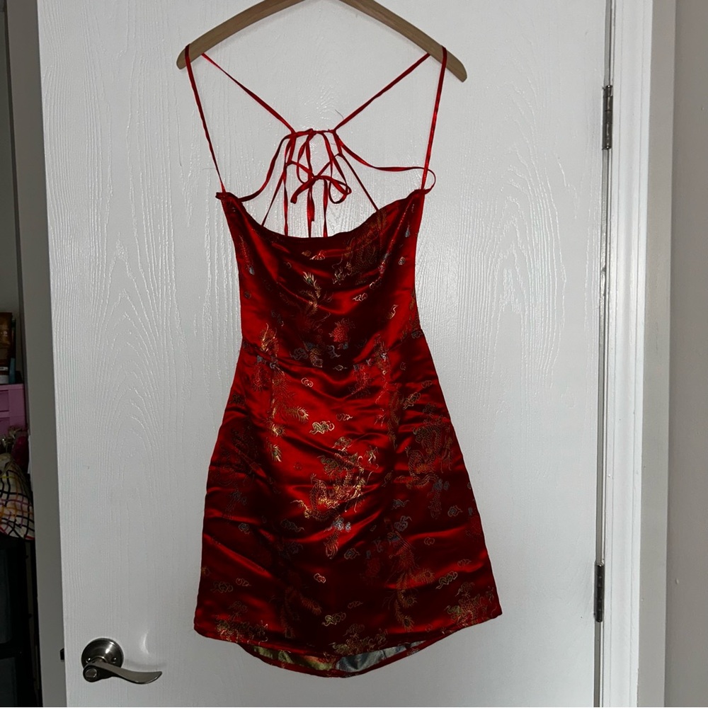 Red Satin Floral Mini Dress